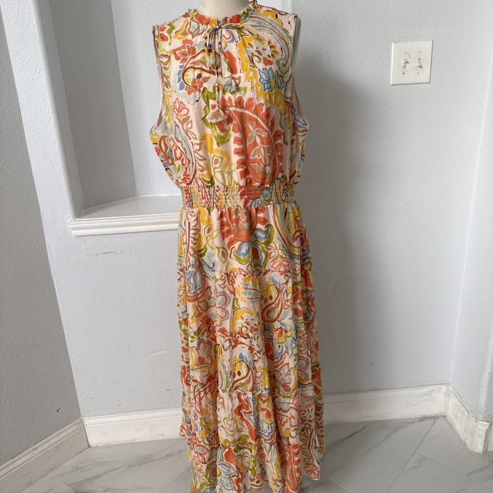 MSK Maxi Dress Womens XL Boho Paisley Tiered Smocked Artsy Resort Romantic - Picture 7 of 11